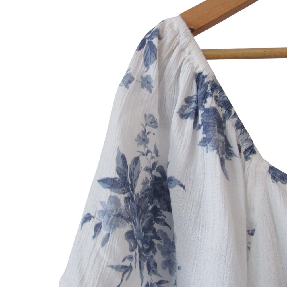 American Eagle Outfitters White Blue Floral Mini Dress XL Smocked Peasant Boho - Picture 4 of 11